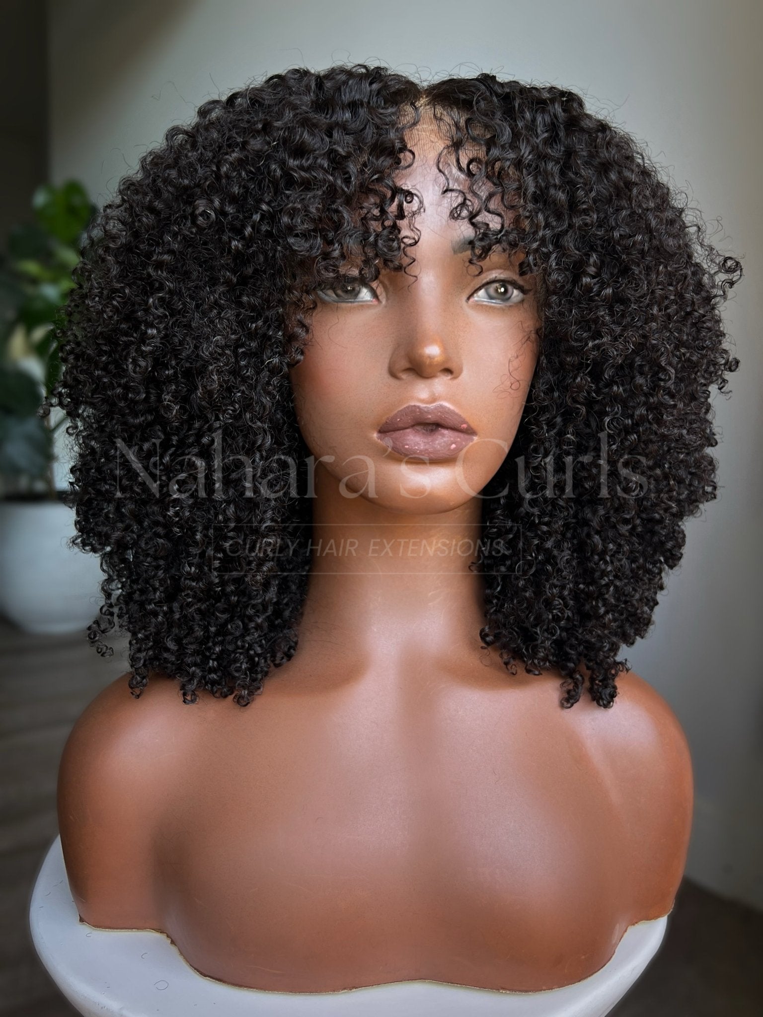 Kinky curly human hair wig with bangs and HD lace front on mannequin