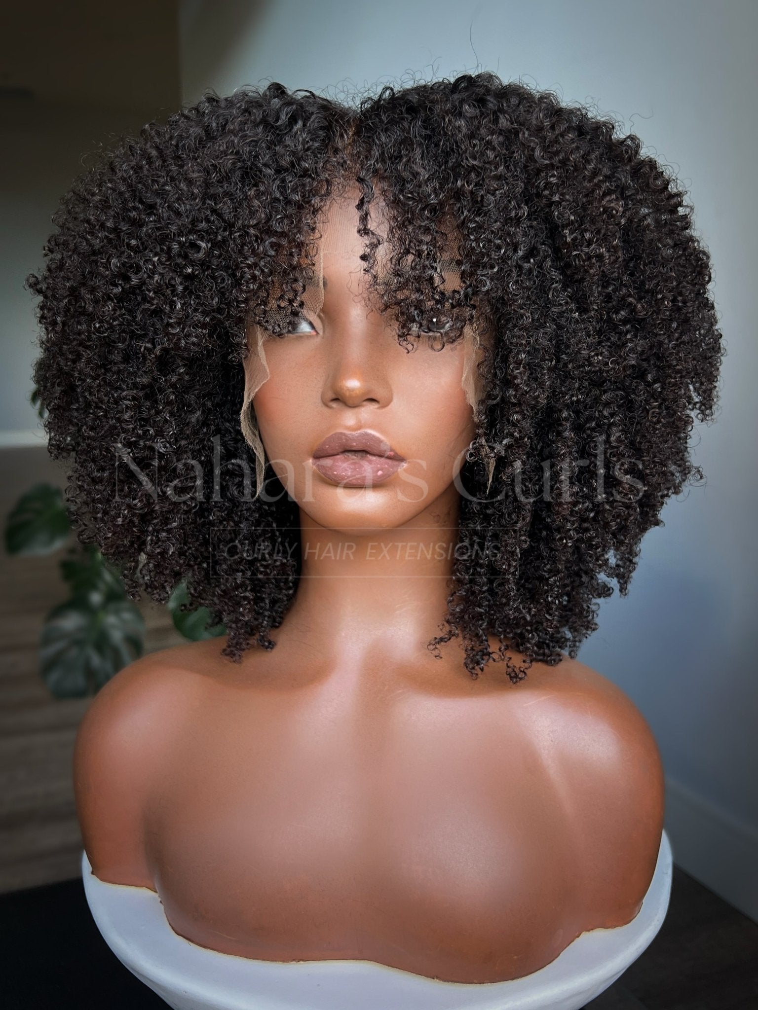 13x6 HD lace front wig with tight 4B kinky coily curls and dark chocolate balayage on a mannequin head, front view — Nahara's Curls
