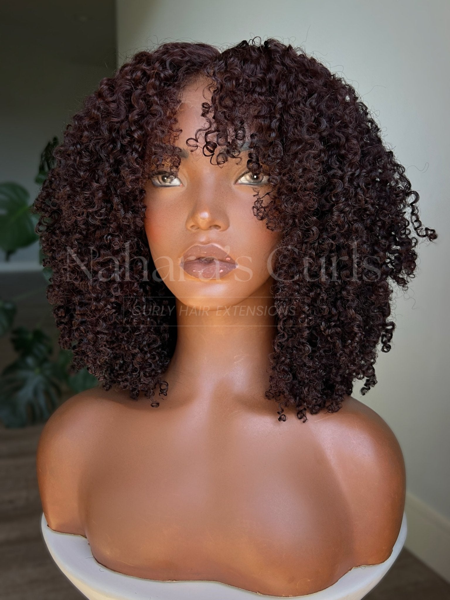Kinky curly lace front wig with tight defined coils and natural volume, chocolate brown color angled front view