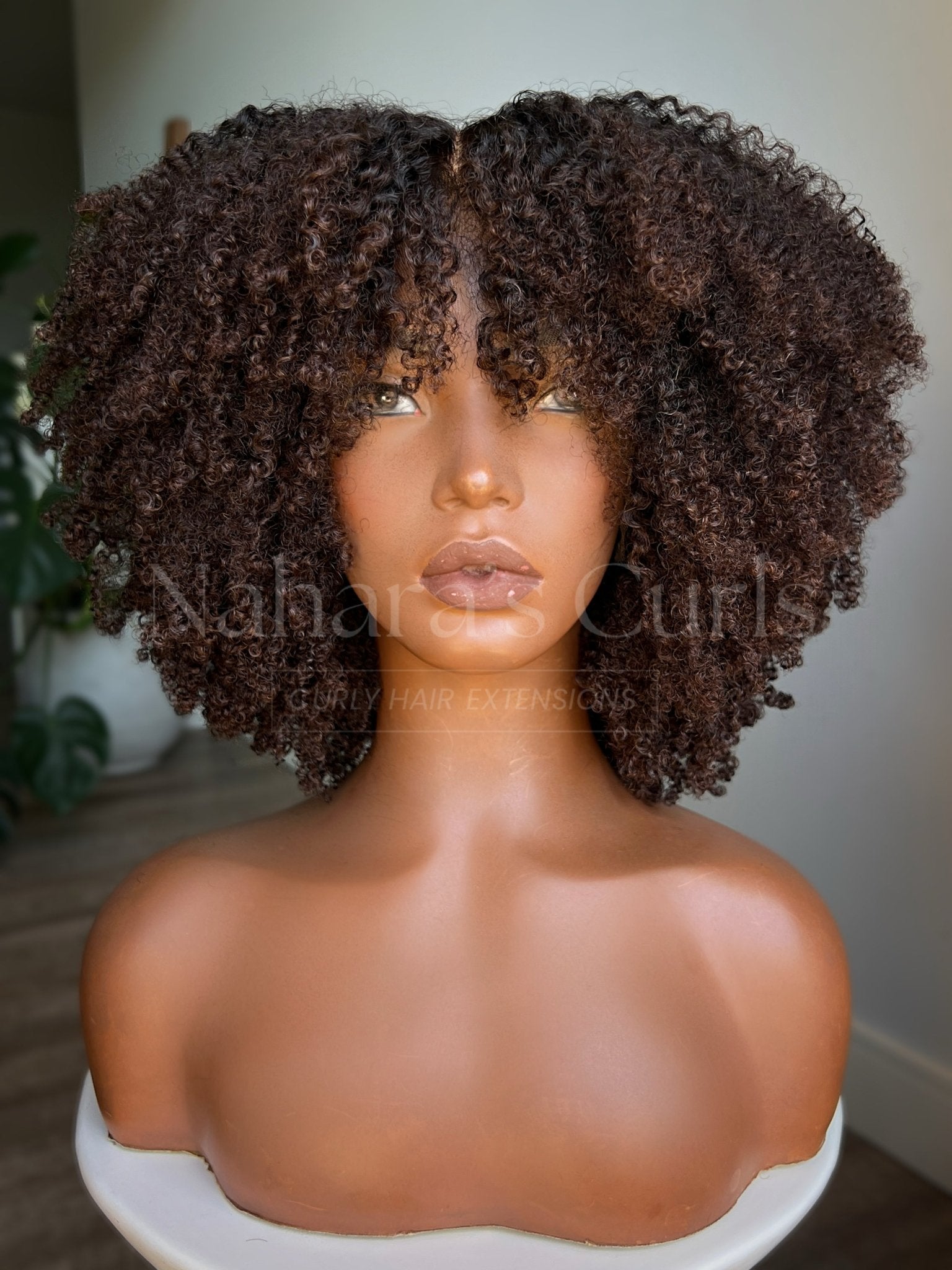 Zuri custom Taj curly wig with chocolate brown color and natural roots, soft layered shape, angled front view