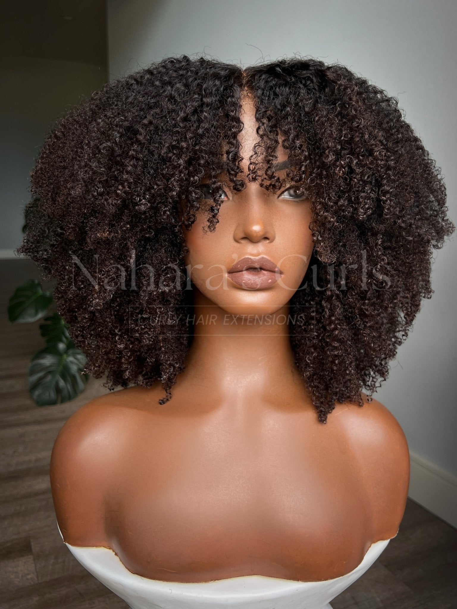 Tight 4B coily custom lace front wig with subtle dark brown color dimension and bangs, front view — Nahara's Curls