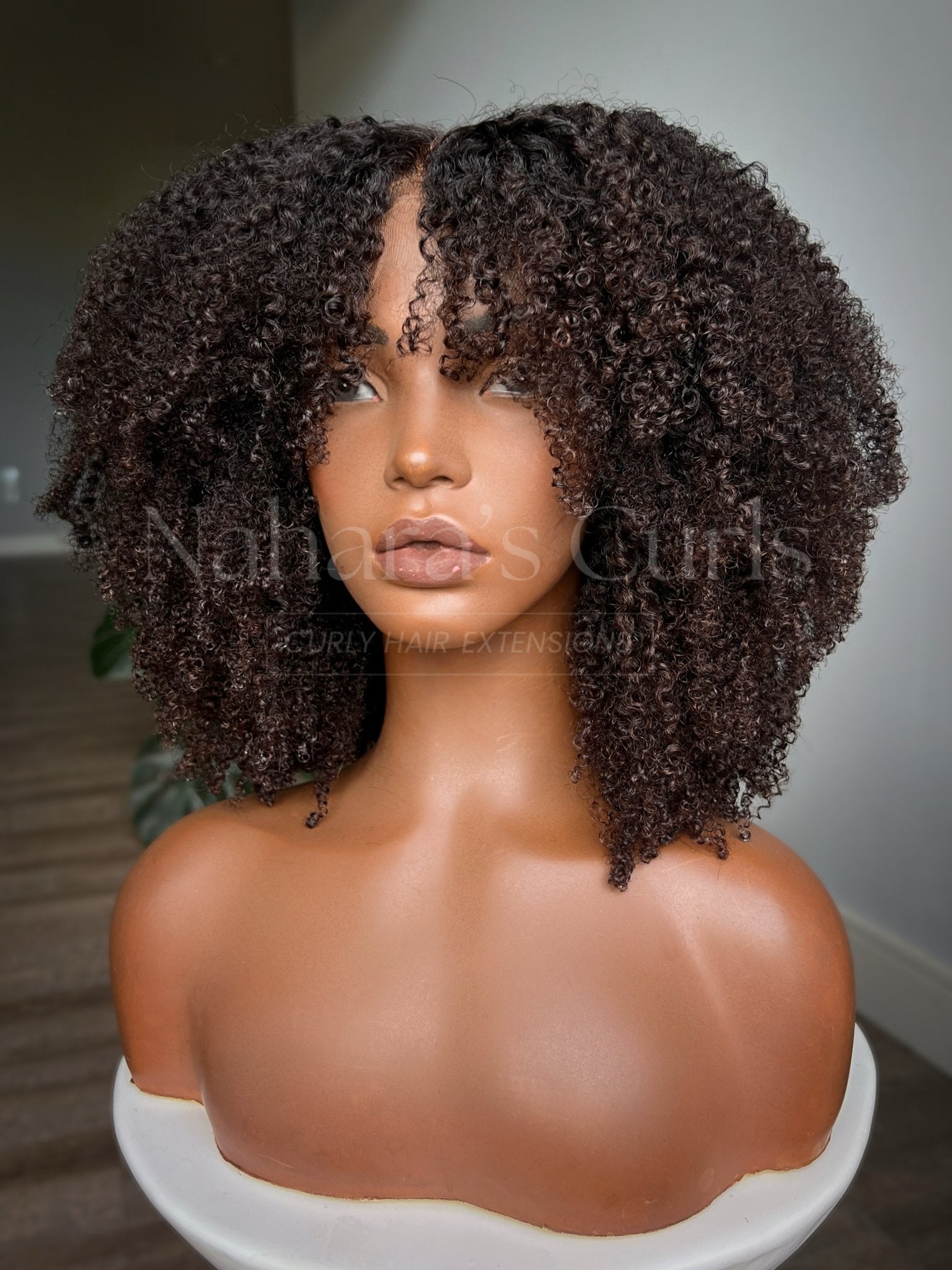 4B kinky coily lace front wig with rounded shape and face-framing layers, side angle view — Nahara's Curls