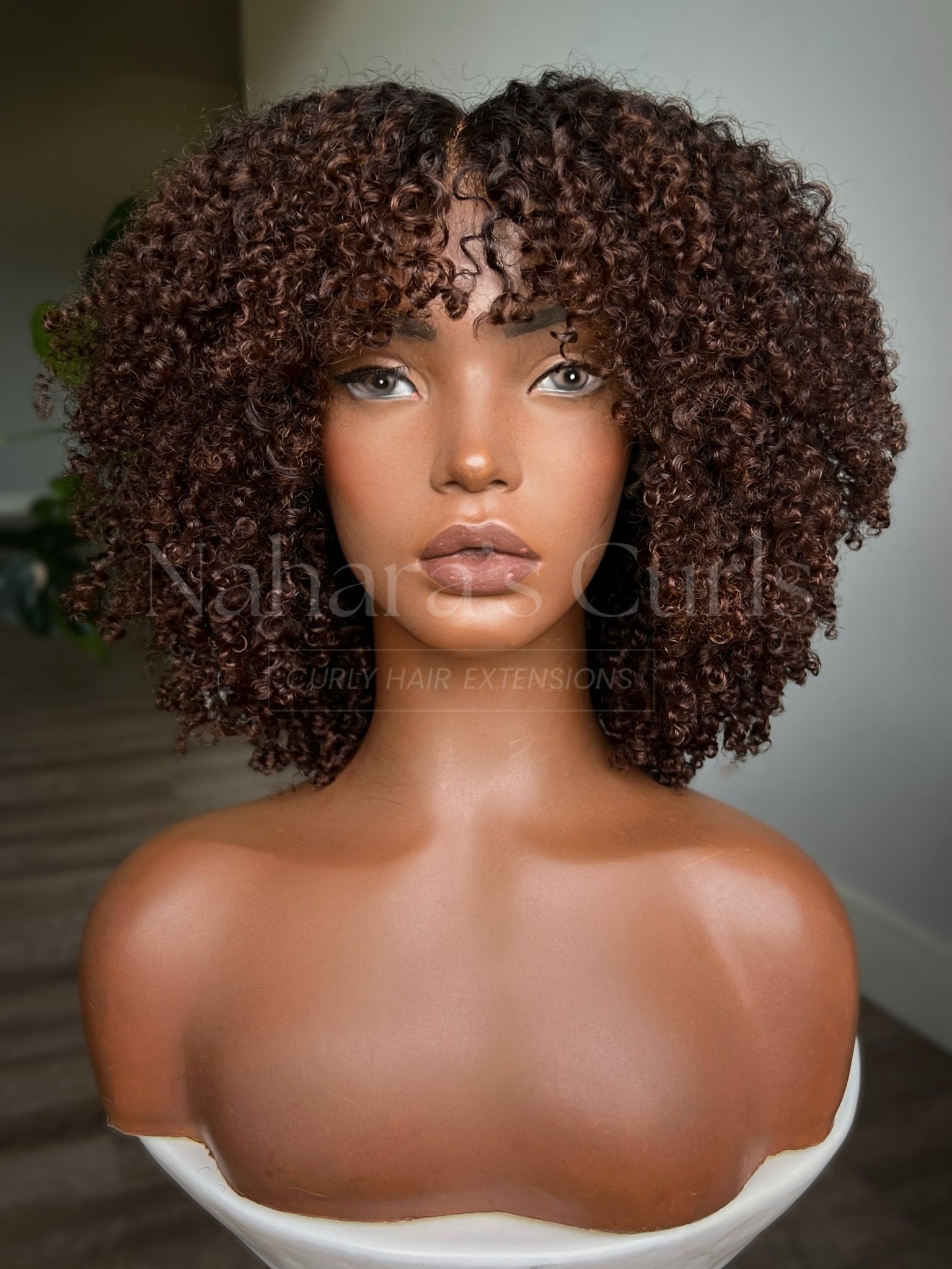 Kinky curly human hair wig with chocolate brown balayage, natural roots, and 13x6 HD lace front