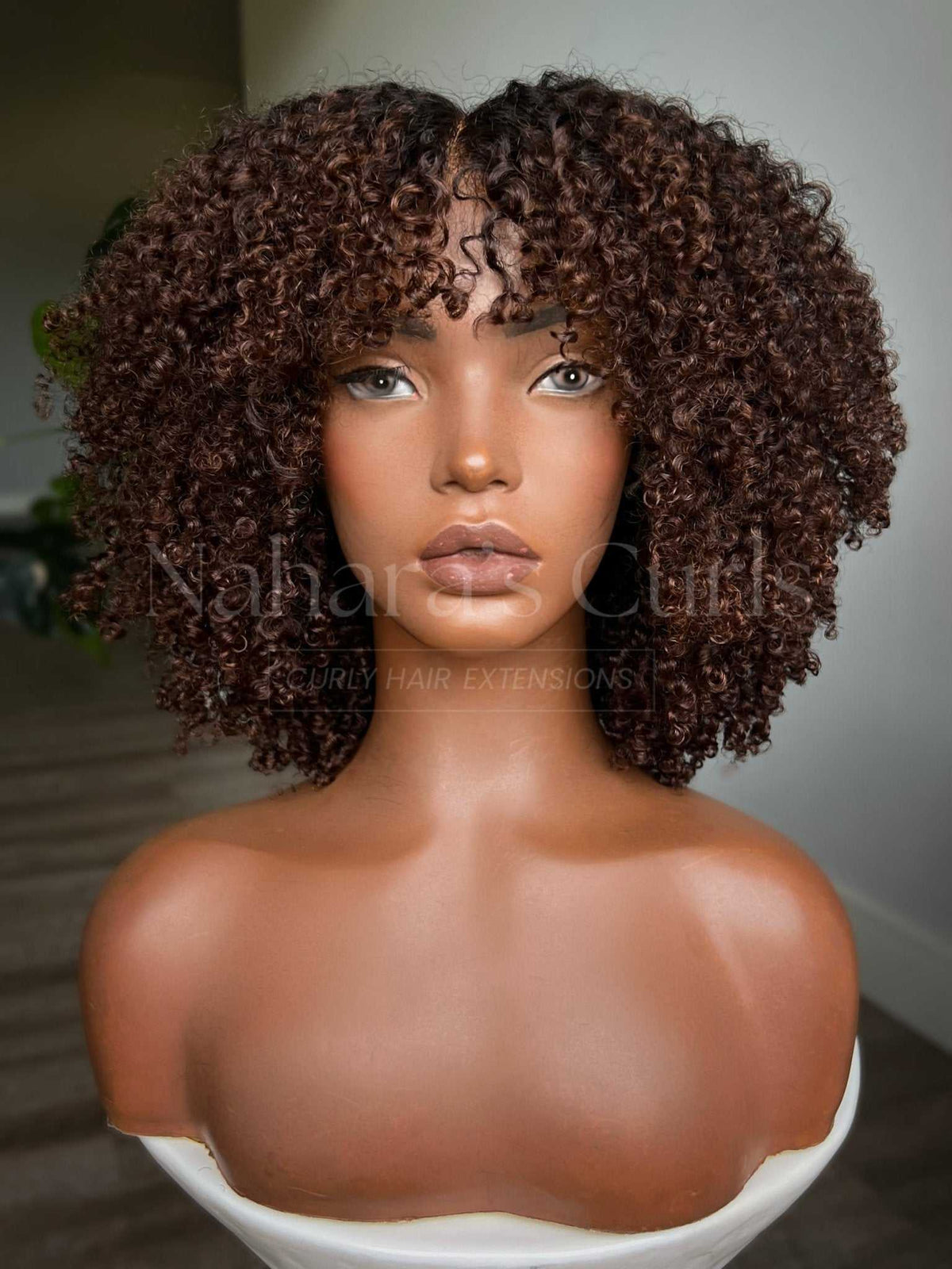 Kinky curly human hair wig with chocolate brown balayage, natural roots, and 13x6 HD lace front
