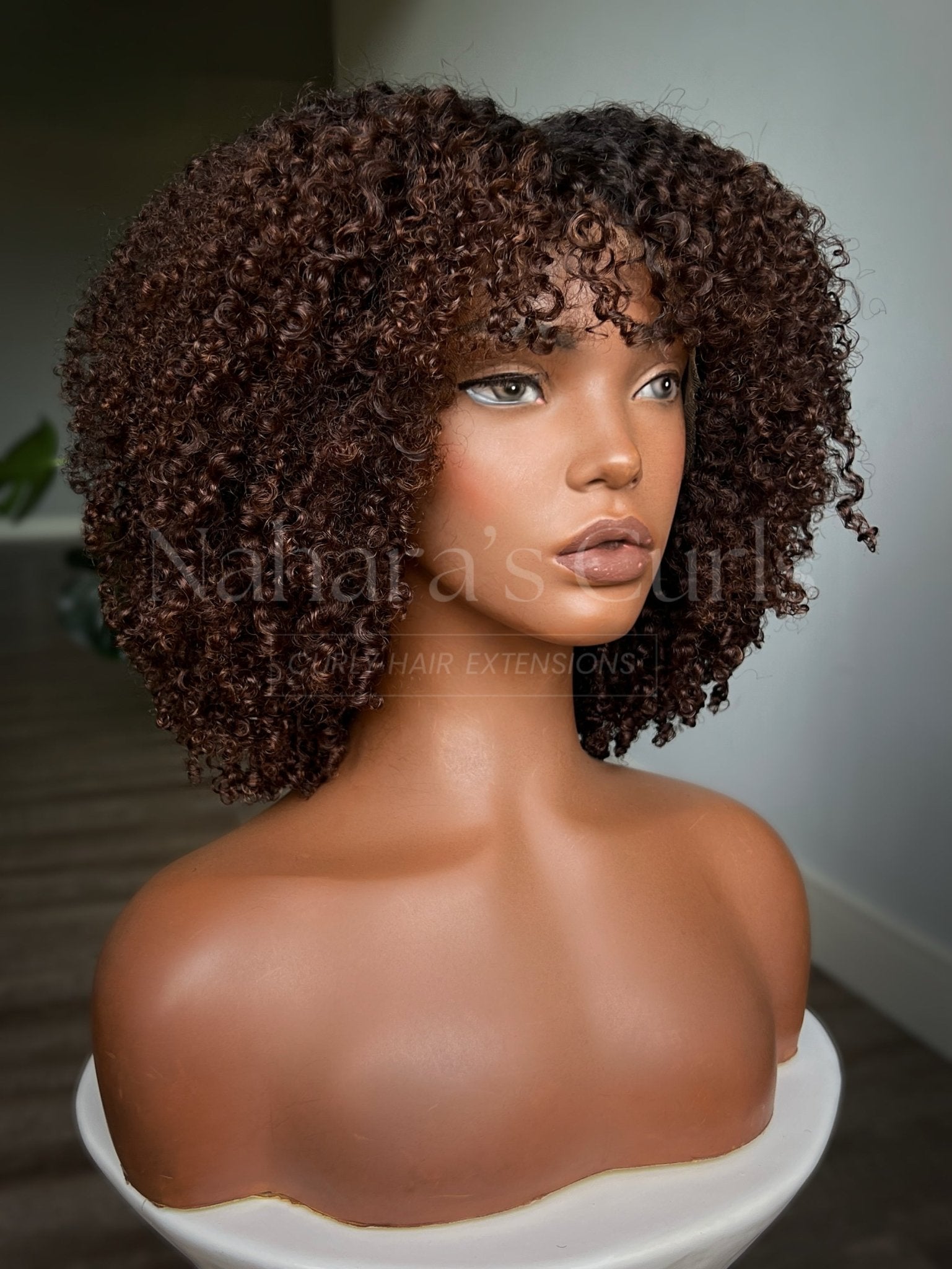 Brown balayage kinky curly HD lace front wig with soft defined curls and natural movement