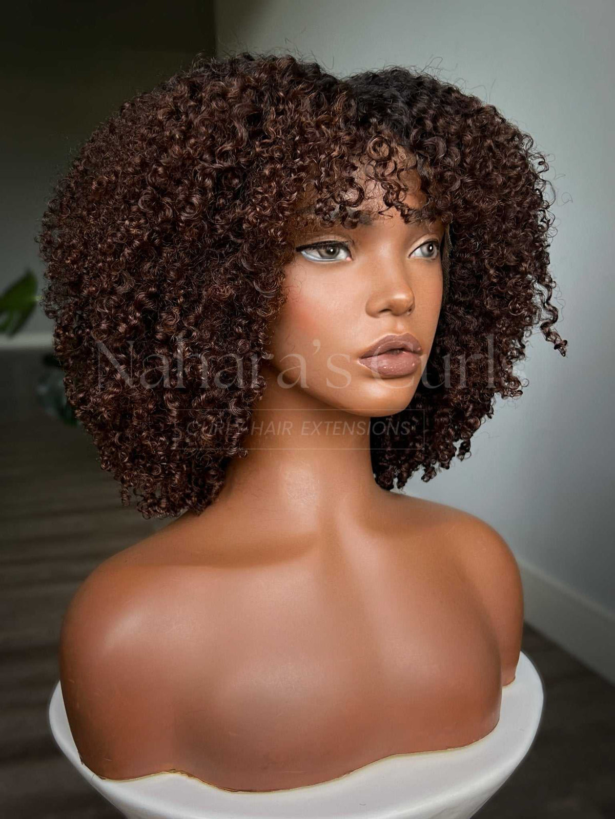 Brown balayage kinky curly HD lace front wig with soft defined curls and natural movement