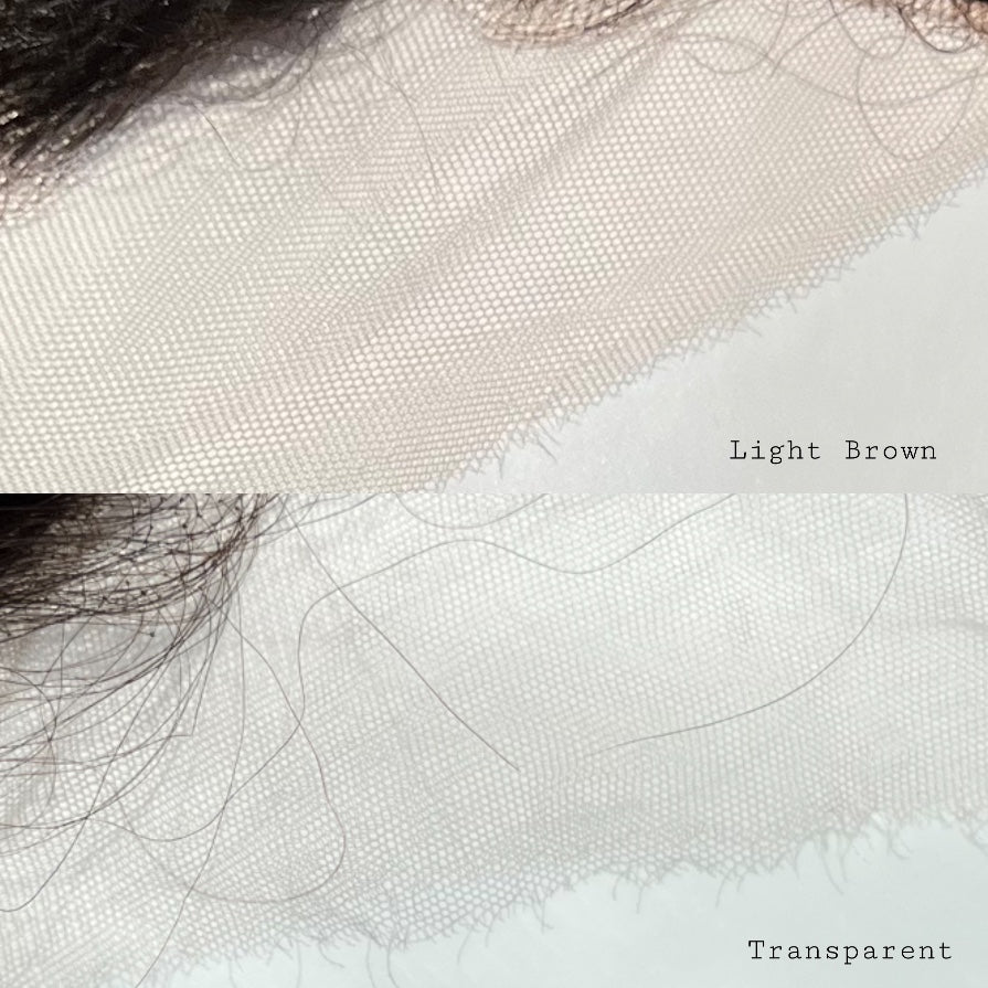 Close-up of light brown hair extensions on a transparent mesh background