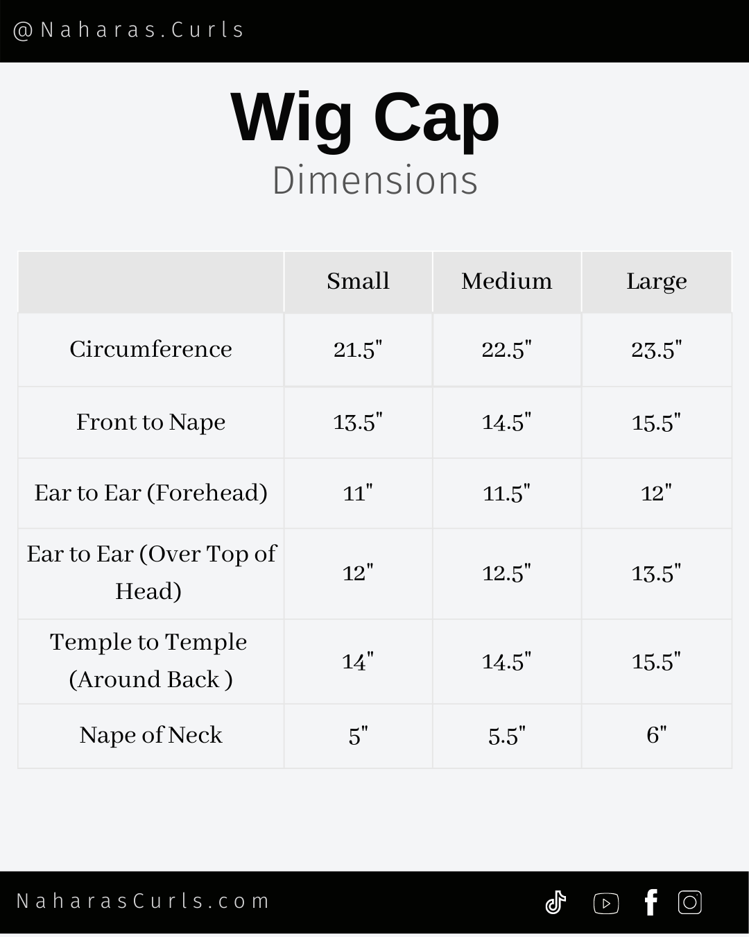 Wig cap size chart for Nahara’s Curls custom wigs showing small, medium, and large measurements