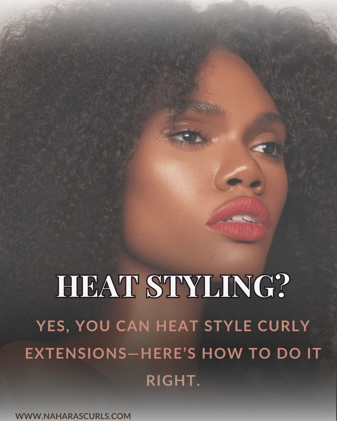 Black woman with voluminous curly hair wearing extensions, promoting heat styling tips for curly wigs and clip-ins.