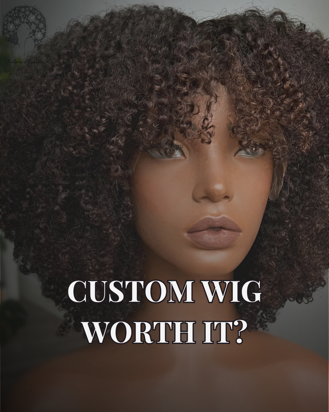 Curly custom wig with layered haircut and soft brown highlights