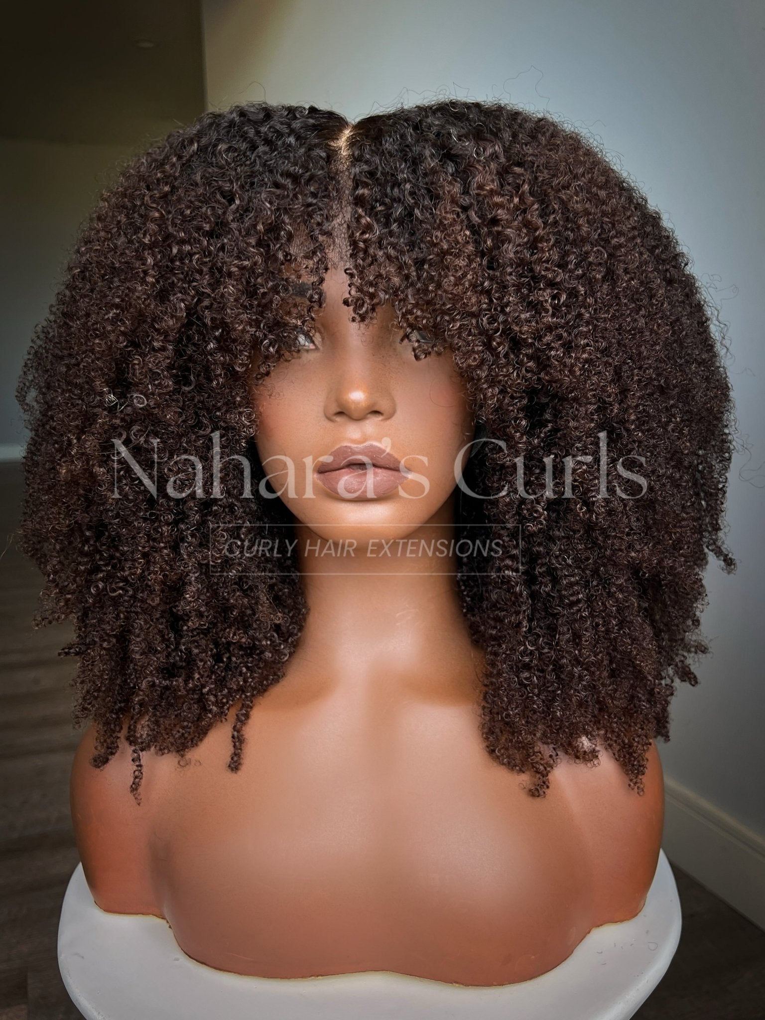 Amara 13 by 6 HD Lace Front Wig shown on mannequin with defined coily texture and realistic transparent lace blend