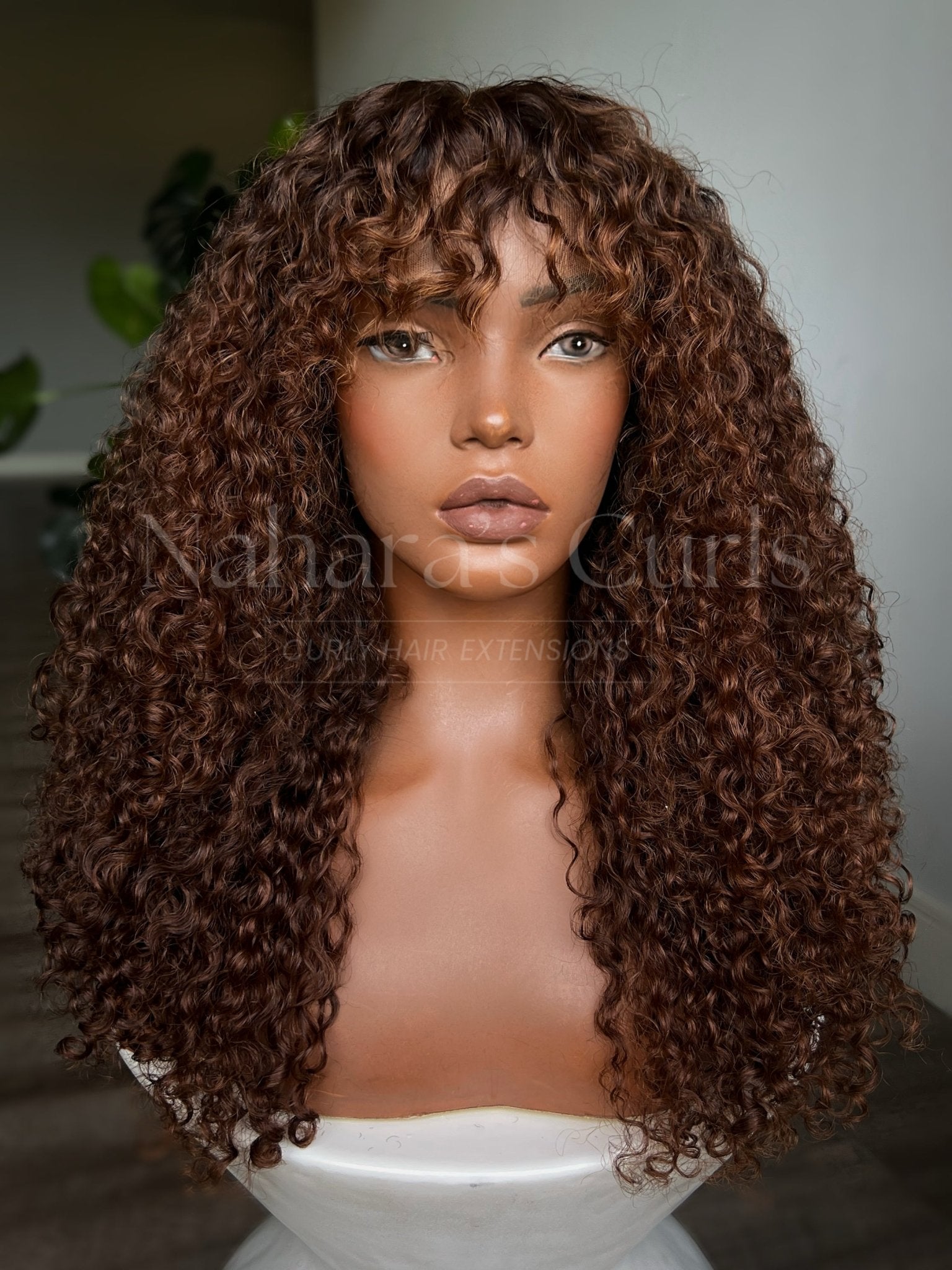 Loose wave HD lace front wig with copper brown balayage, wet and wavy texture, and long flowing curls
