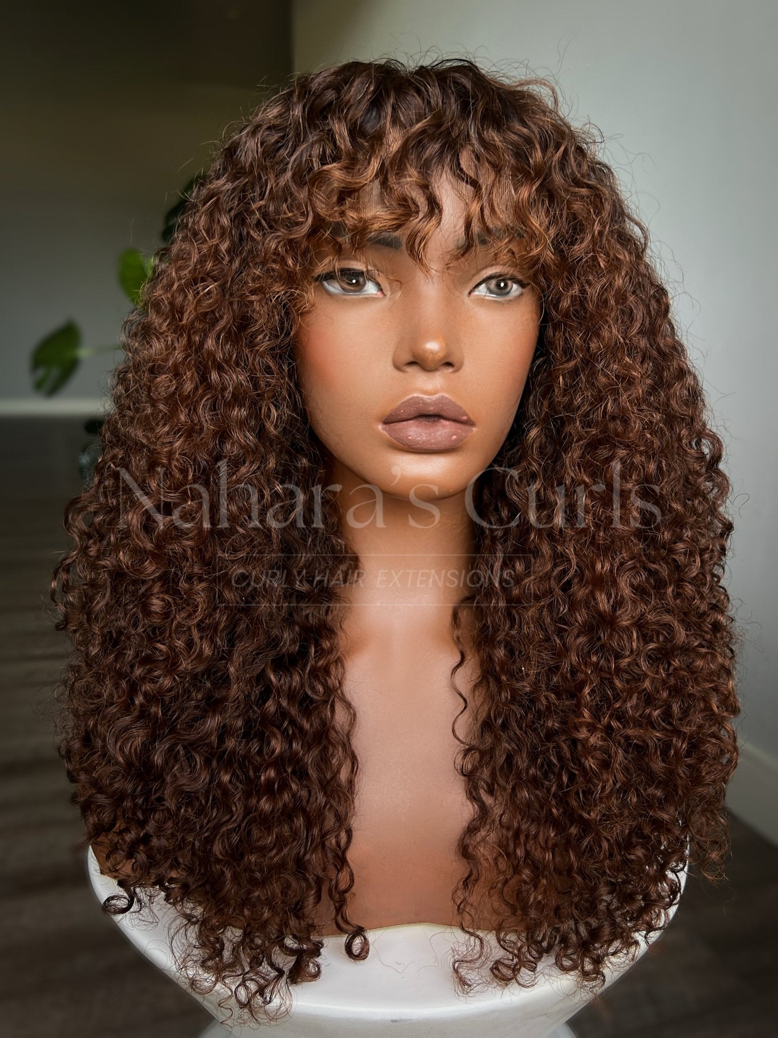 Long loose curly lace front wig with soft beach waves, copper brown balayage, and natural roots
