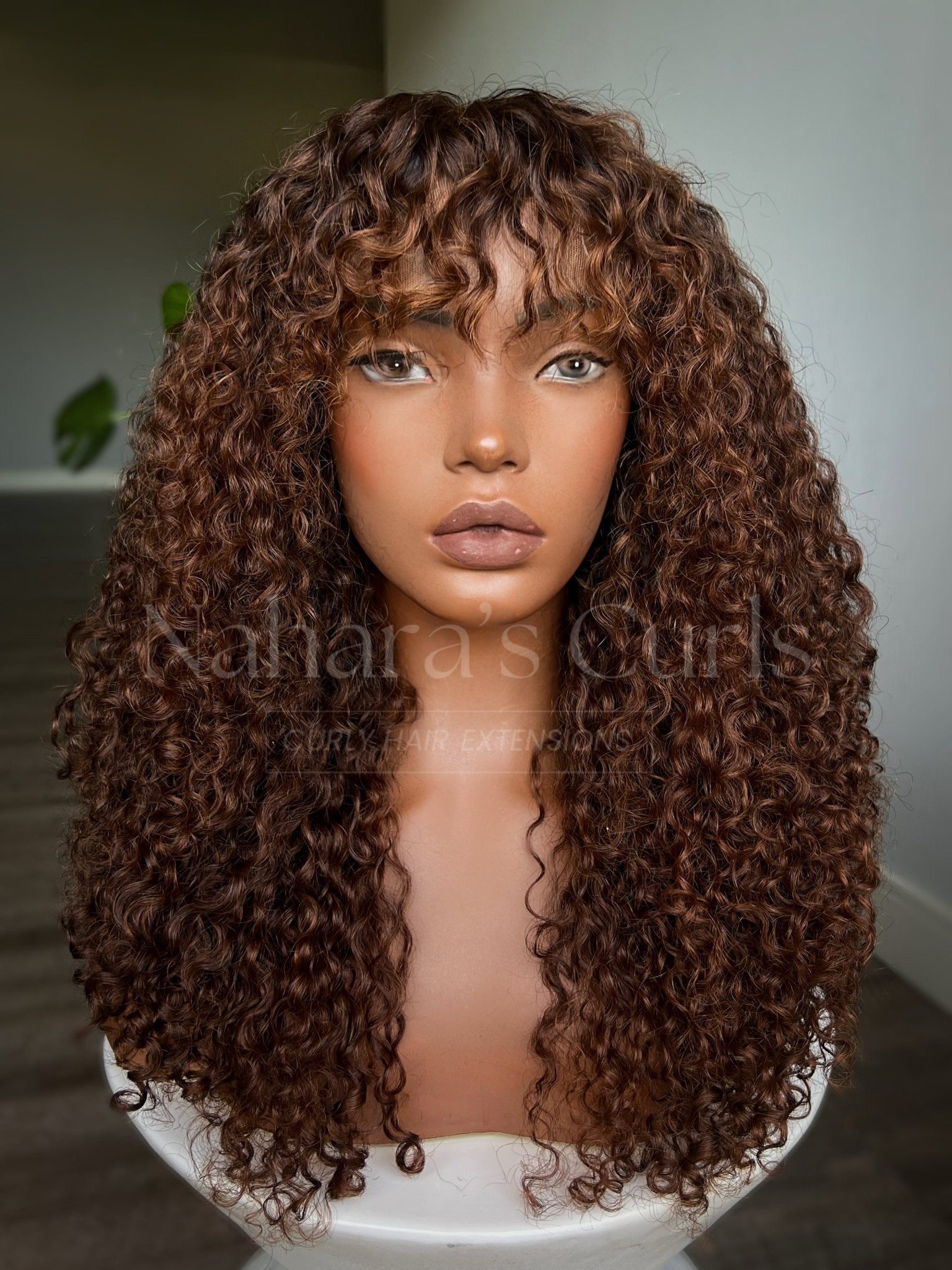 Long bohemian curly human hair wig with copper brown balayage, loose beach waves, natural roots, and 13x6 HD lace front
