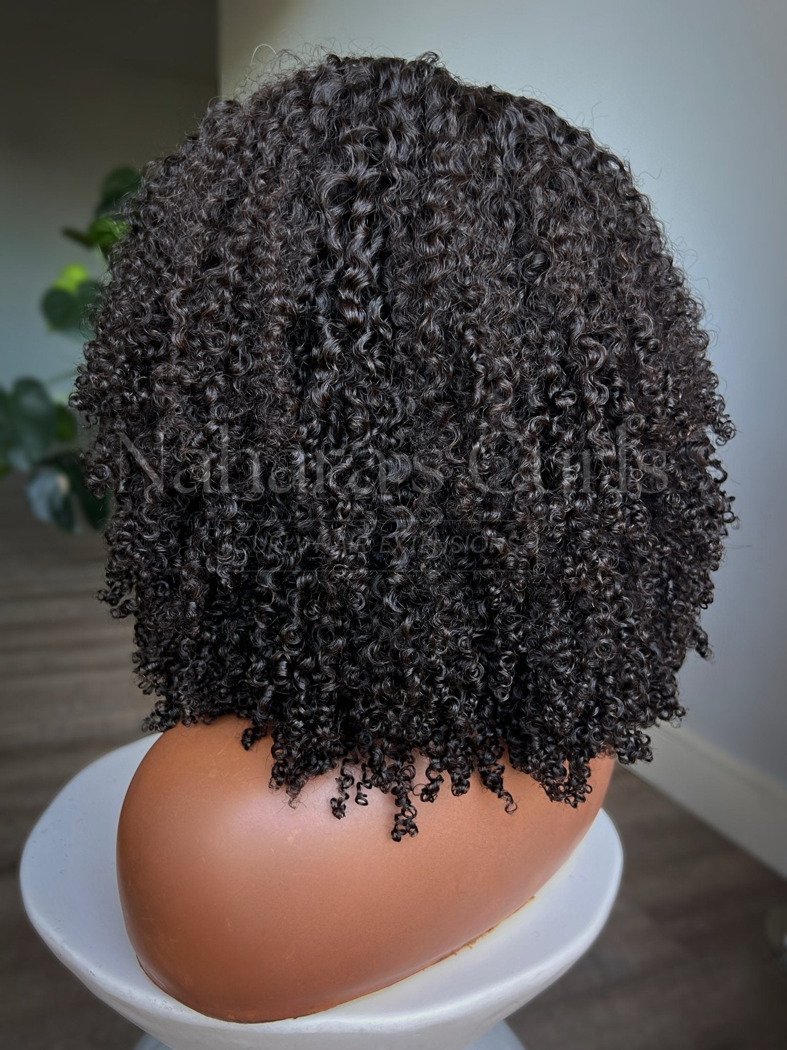 Back view of kinky curly human hair wig showing full curl density and shape
