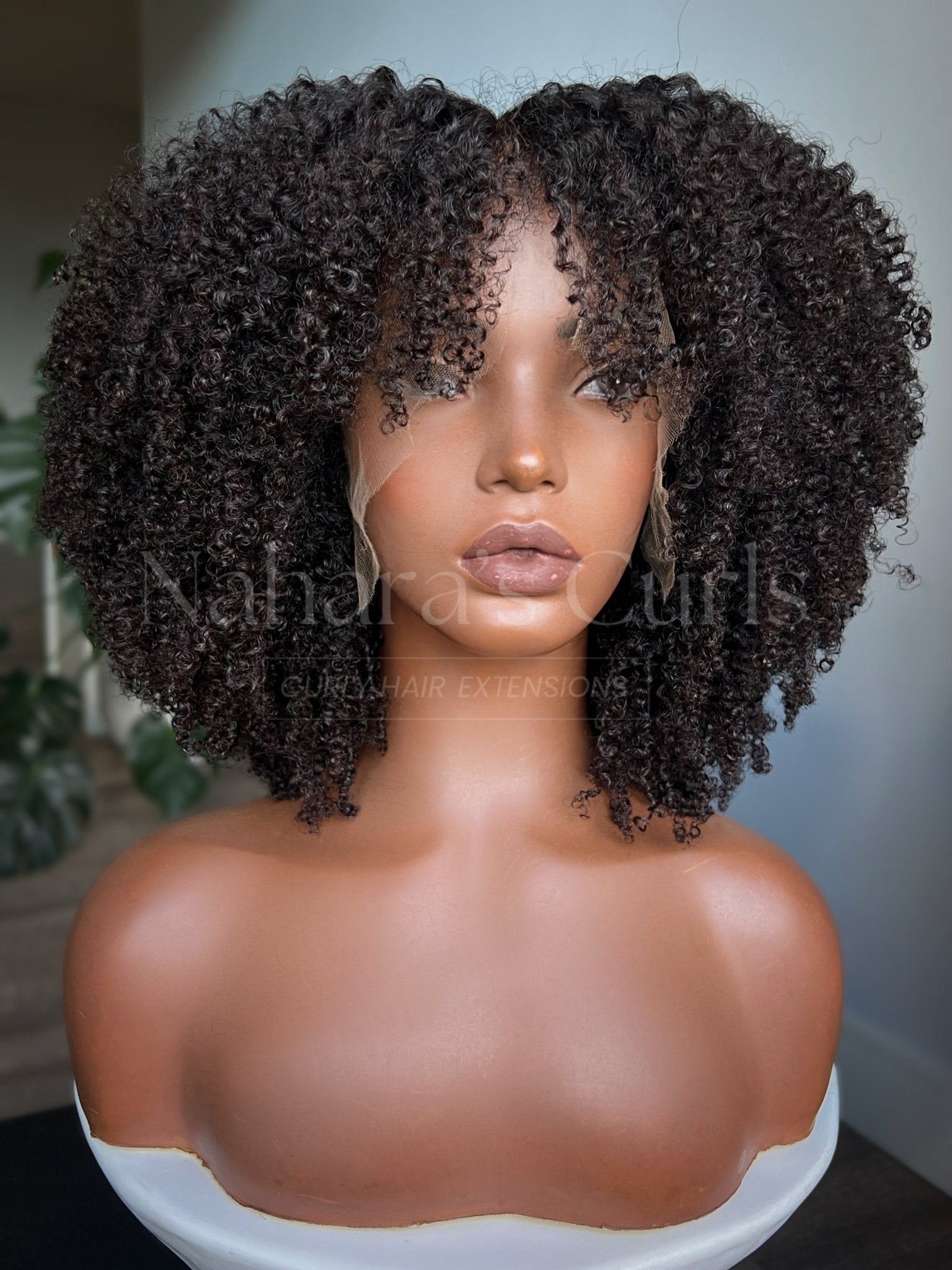 Kinky coily, type 4 custom wig with face-framing bangs and subtle dark chocolate balayage, front view — Nahara's Curls