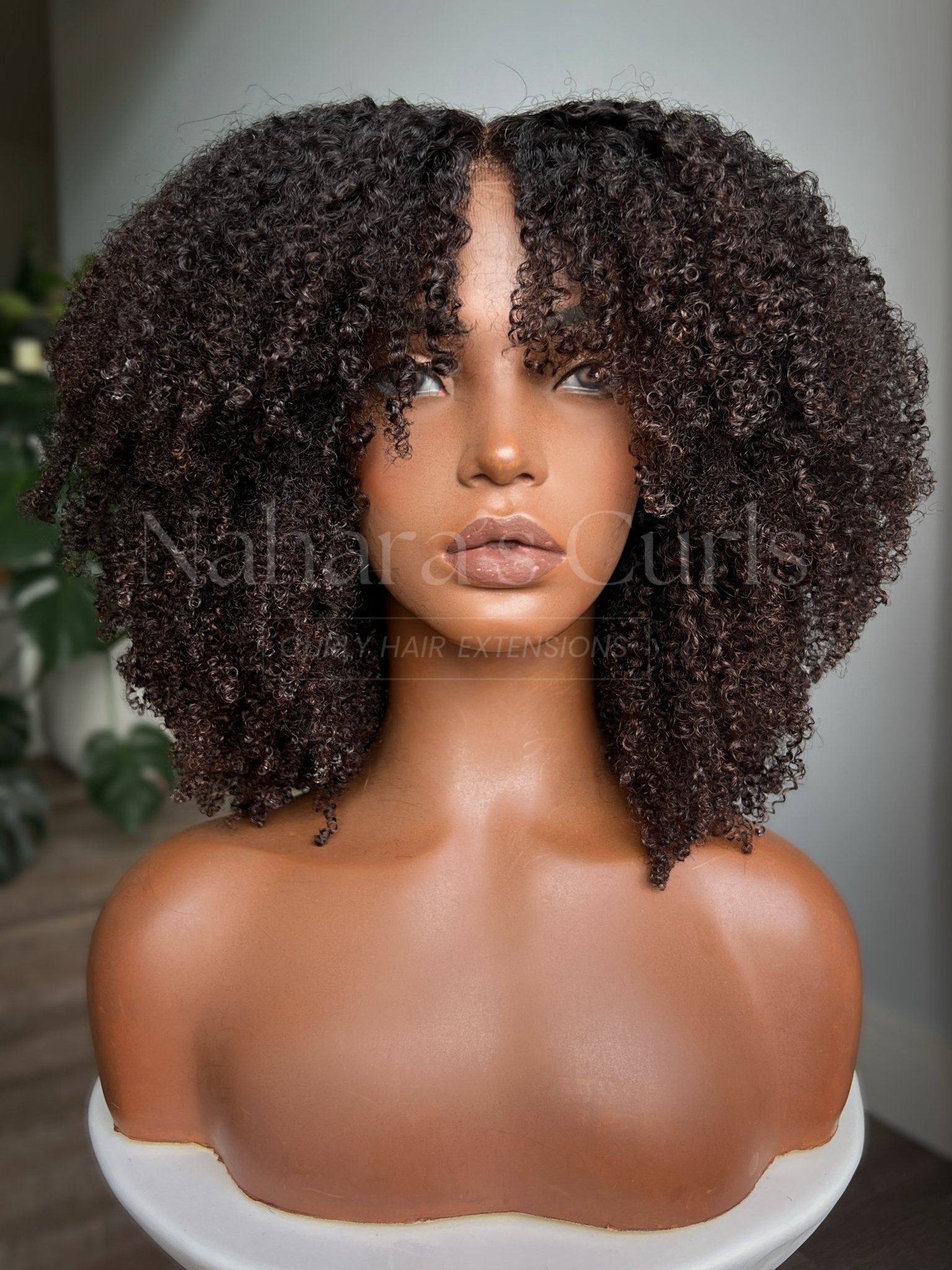 Kinky coily 13x6 HD lace front wig with dark chocolate balayage and face-framing bangs, front view — Nahara's Curls