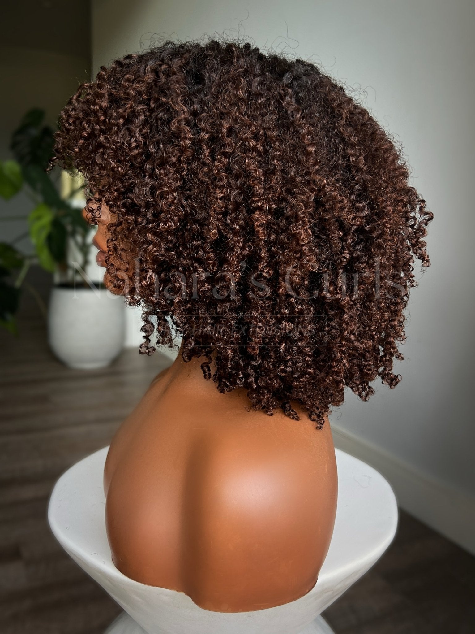 Side profile of a kinky curly HD lace front wig with layered shape and natural volume
