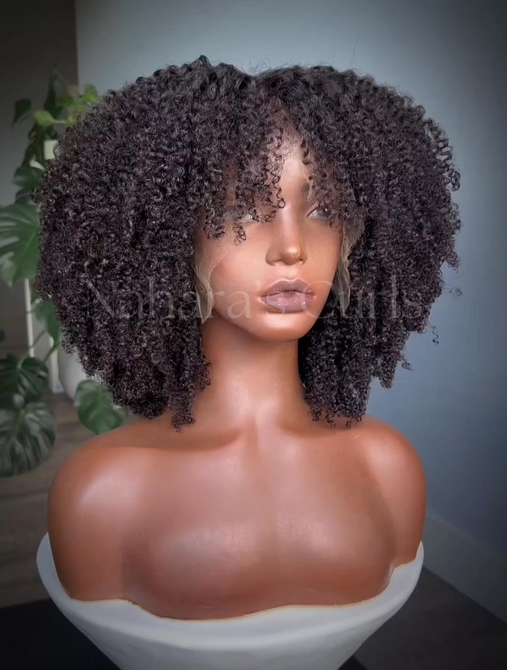 Kinky coily 13x6 HD lace front wig with natural dark brown tight curls and face-framing bangs, movement video — Nahara's Curls